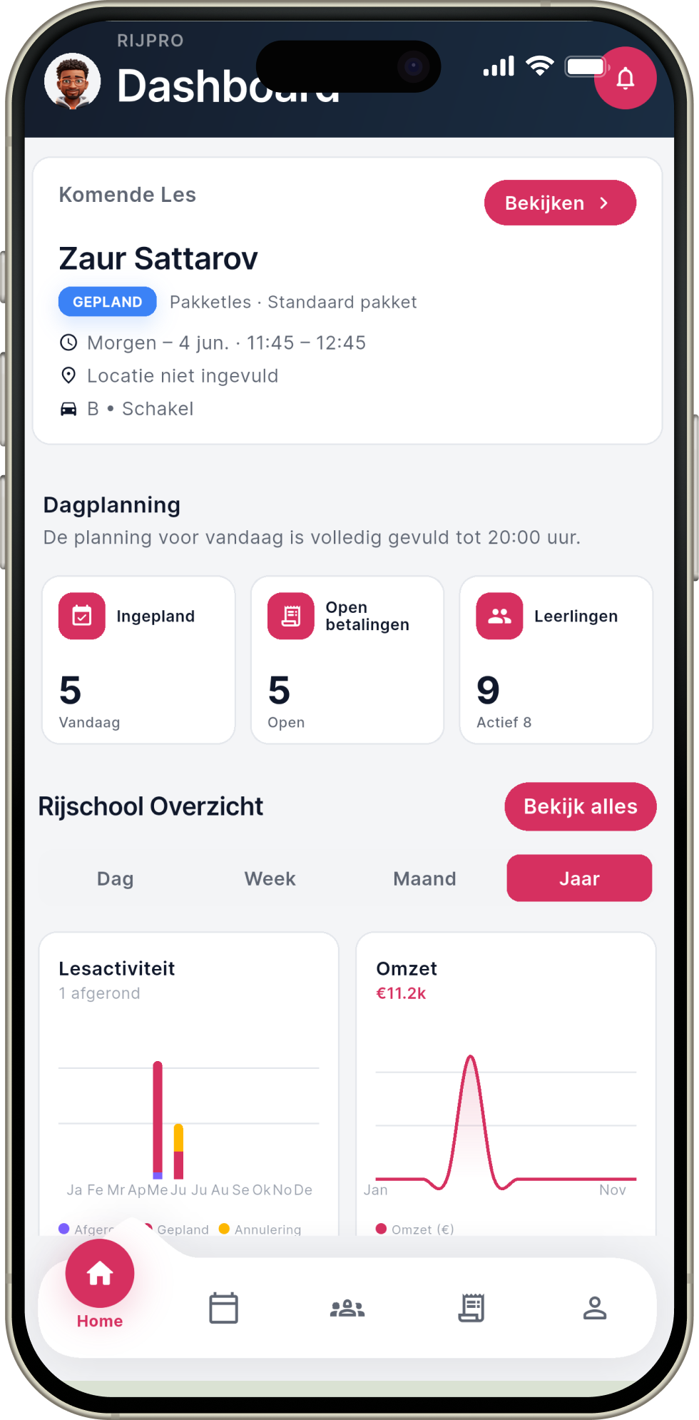 Rijschool Planner dashboard